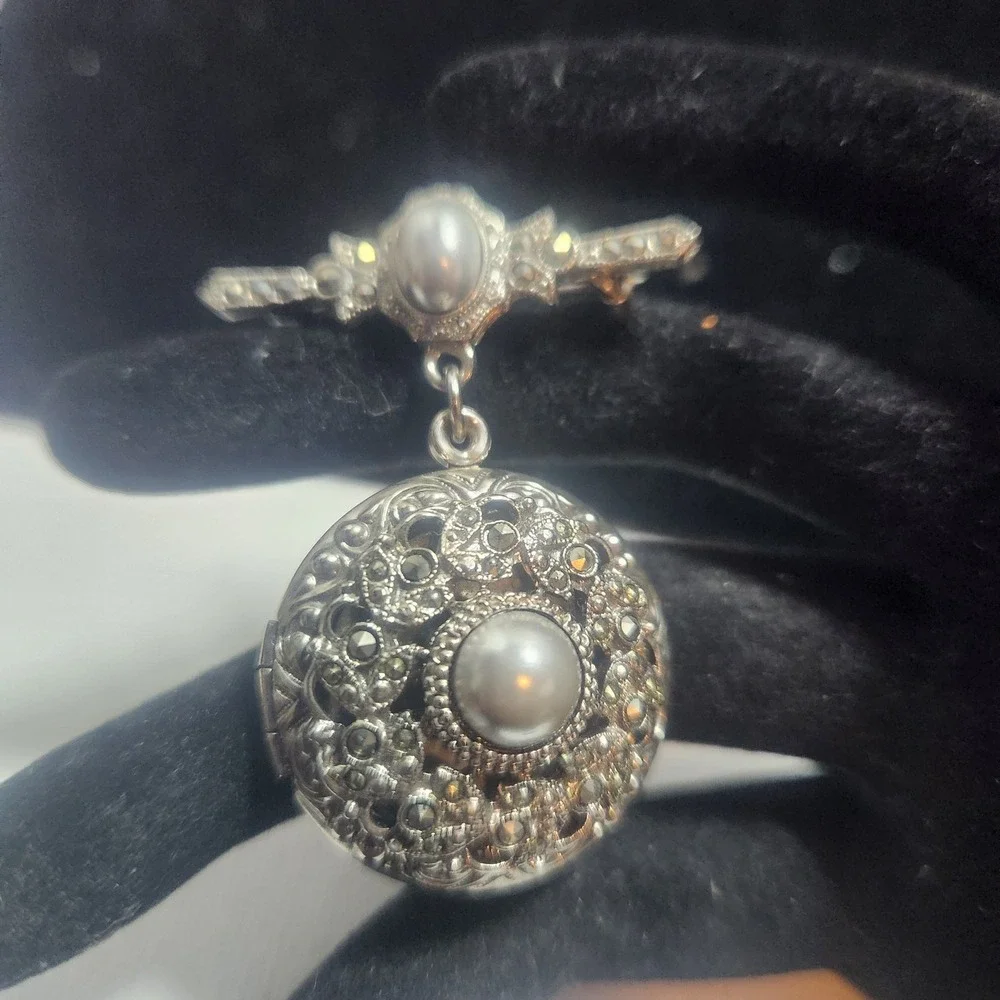 Vintage Marcasite glass Pearl Filigree Locket Brooch Silver Tone Victorian Style